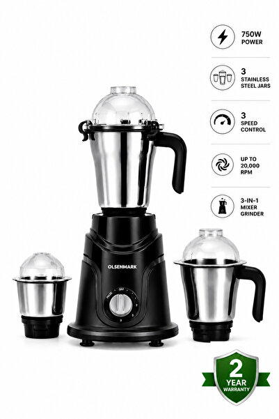 Ummelia Olsenmark 3-in-1 Mixer Grinder 750W| 3 Stainless Steel Jars| 3 Speed ...