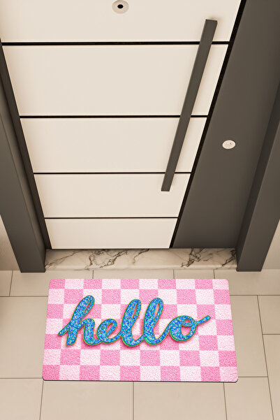 Dormot Deas Home, Digital Printing, Pastel Pink Checkered Hello Themed Door Mat