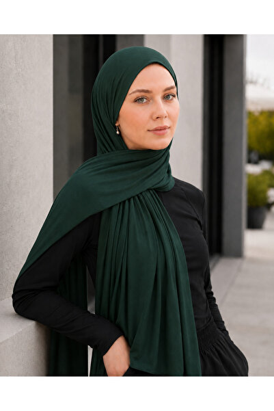 Merve Nayir شال حجاب من القطن الممشط والليكرا باللون الأخضر الزمردي