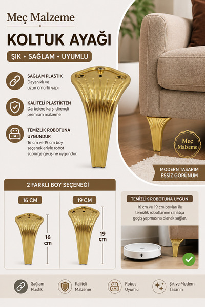 Meç Kobra Koltuk Ayağı 16cm Tek Ürün Gold