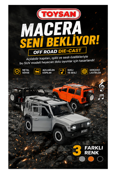 Toysan 1.24 ÖLÇEK KUTULU SESLİ VE IŞIKLI ÇEK BIRAK METAL SUV ARABA