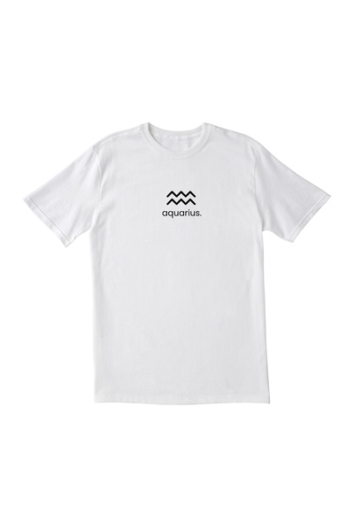 İDEAL REKLAM Aquarius Zodiac Sign T-Shirt Aquarius Symbol Printed White Short Sleeve T-Shirt