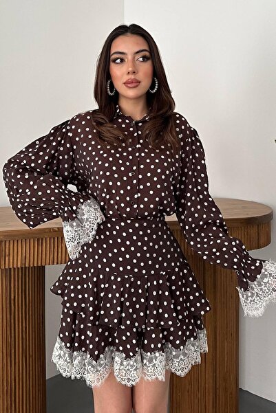 Moda Days Women's Brown Skirt Suit Polka Dot Lace Detailed Balloon Sleeves Fl...