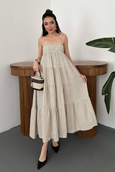 Clothes Fast Women's Coffee Color Thin Strap Gipeli Striped Layered Maxi Musl...