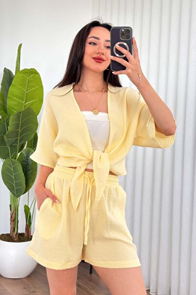 Clothes Fast Women's Yellow Muslin Front-Tie Crop Kimono with Half Sleeves an...