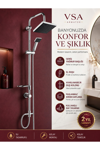 VSA Armatür Krom Robot Tepe Duş Seti + Banyo Bataryası 20x20 Yağmur Başlıklı Pirinç Yönlendiricili