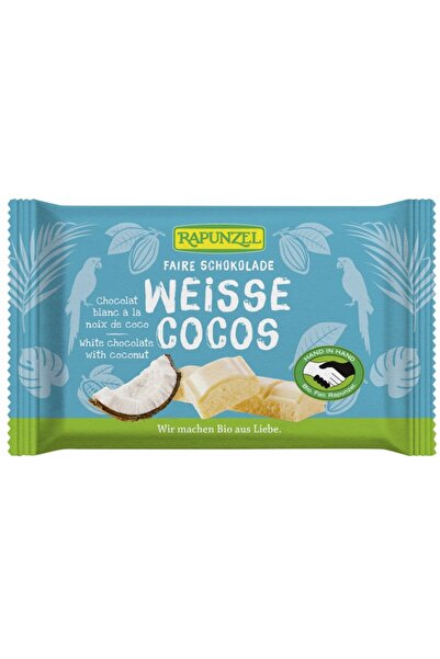 Rapunzel Ciocolată albă cu bucăți de nucă de cocos organică, 100g