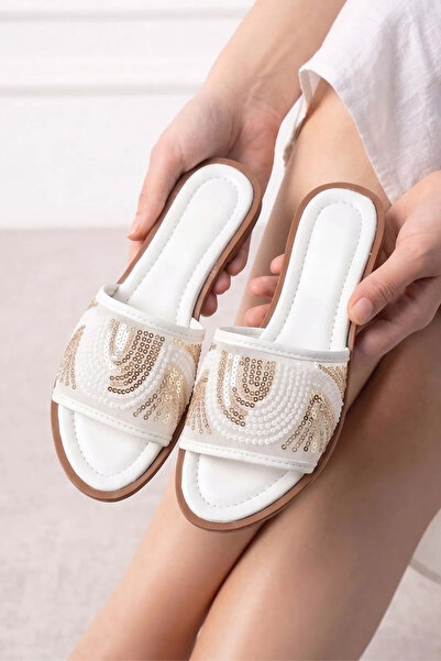 FUGA MODA Joya White Tulle Embroidered Sequin Bead Embellished Women's Slippers