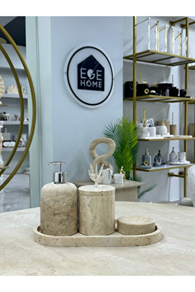 ege gross Decorative Travertine Natural 4-Piece Bathroom Set with Silver Details