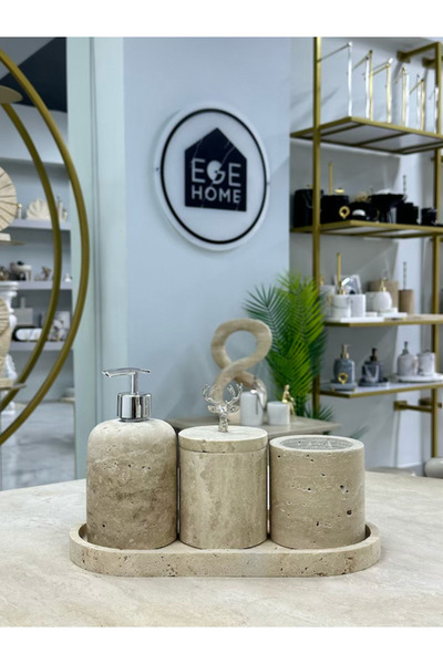 ege gross Decorative Travertine Natural 4-Piece Bathroom Set with Silver Details