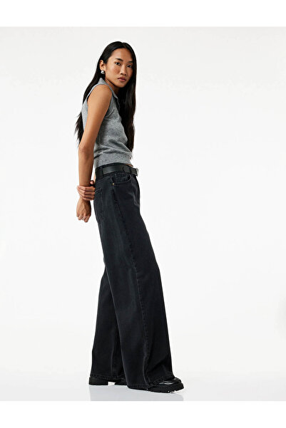 Koton Cotton Pocketed Buttoned Low Waist Straight Loose Fit Denim Trousers - ...