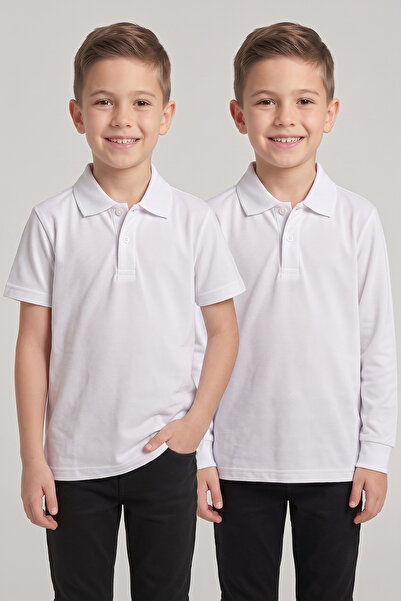 nacar çarşı Children's White 2-Piece Polo Collar Short Sleeve and Long Sleeve...