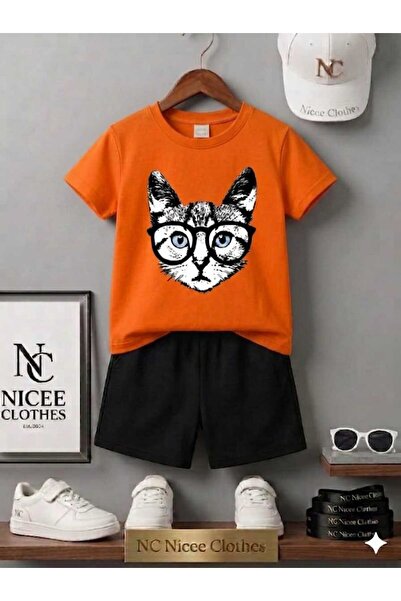 Leto Lykia Summer Children's T-Shirt Shorts Unisex (Cat with Glasses Printed)