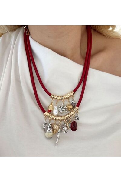 Niceboutique Design 2 Row Charmlı Claret Red Leather Strap Amore Necklace