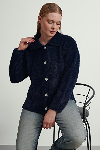 Gülce moda Women's Polo Collar Buttoned Plush Beard Knitwear Cardigan