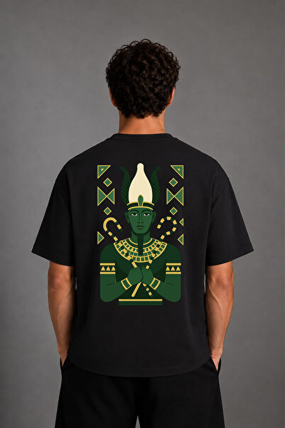 VSRN Tricou negru oversize cu imprimeu pe spate cu design egiptean antic verde