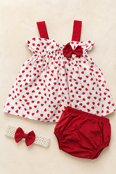 Mai Perla Baby Girl Red Heart Patterned Strap 3 Piece Dress Set