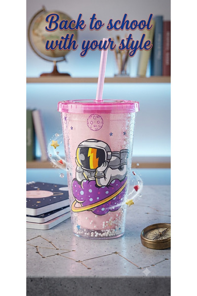 Generic Brand Pink Astronaut Character Water Bottle with Straw