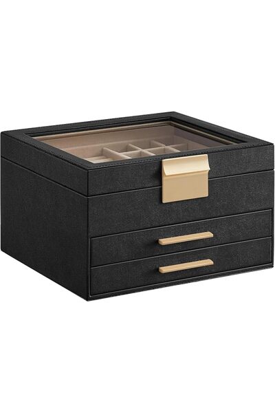 SONGMICS Jewelry Box with Glass Lid, 3-Layer Jewelry Organizer, 2 Drawers, 8 ...