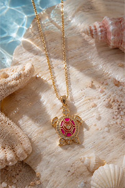 Sylvera Shop Sea Turtle Pink Enamel Steel Necklace (Gold Color)