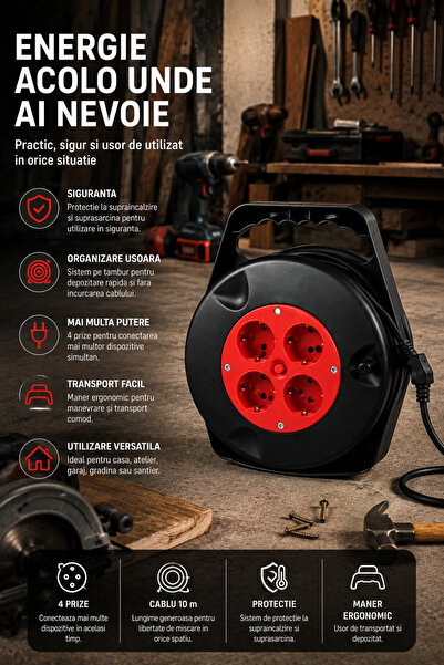 Otto Prelungitor 10m pe Tambur, 4 Prize, Maner Ergonomic pentru Transport.