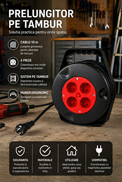 Otto Prelungitor 10m pe Tambur, 4 Prize, Maner Ergonomic pentru Transport.