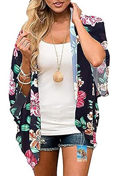 YULOONG Womens Cover Ups Chiffon Floral Print Kimono Loose Shawl Cardigan Boh...