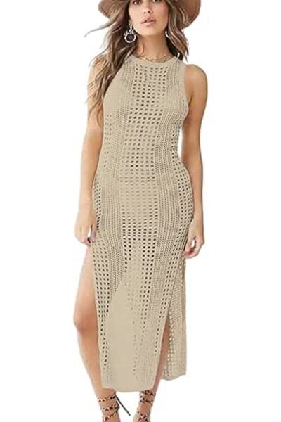 YouKD Women's Knit Vest Long Dress Crochet Robes V Neck Elegant Cover Up Dress