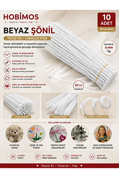 Hobimos 10 Adet Beyaz Şönil Tel - 6 mm x 30 cm - Tüylü Çubuk Çiçek ve Hobi Ma...