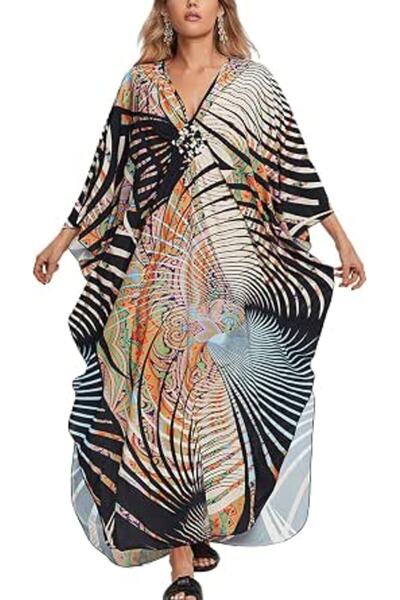 YouKD Maxi Dress V-Neck Kaftan Boho Robes Beach Cover-ups Dress Maxi Garment ...