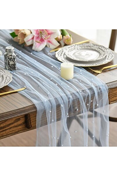 Generic Brand Light blue tablecloth adorned with white pearls - silky soft me...