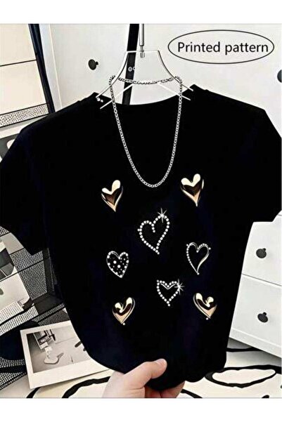 23ERVA Casual, Women's T-Shirt, Heart With Rhinestones Pattern Printed, Summe...