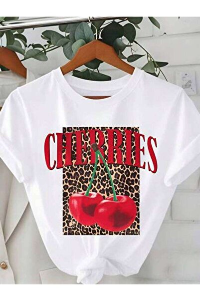 23ERVA Cherries, Women's Leopard Print Cherry Design, Pure Cotton T-Shirt, Su...