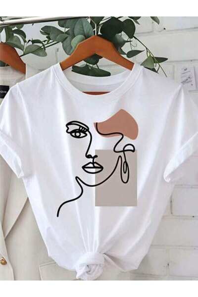 NOURAM Abstract Art, Women's Minimalist Face Design, Pure Cotton T-Shirt, Spr...