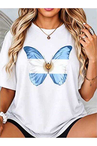 23ERVA Casual Style, Women's T-Shirt, Argentina Flag Butterfly Design, Summer...