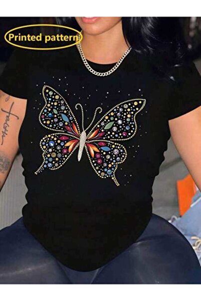 23ERVA Design, Women's Colorful Rhinestone Butterfly Pattern, Pure Cotton T-S...