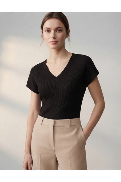 KUĞU Women's Black V-Neck Ribbed Short Sleeve Knitwear Blouse Casual Stylish ...