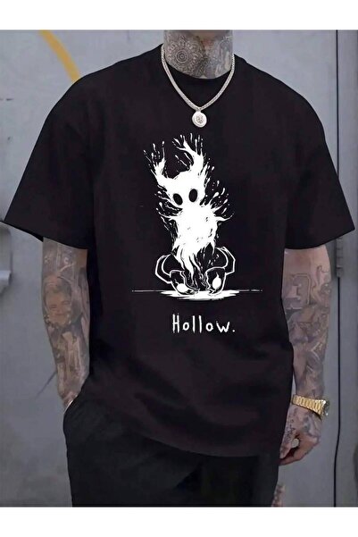 25W [سبوكي توب] تي شيرت رجالي أسود بطبعة جرافيك بتصميم نص 'Hollow' جريء وتصمي...