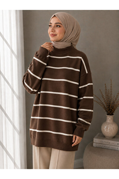 DepoExport Women's Half-Throat Striped Knitwear Sweater Oversize Loose Design
