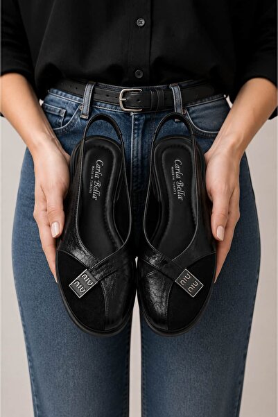 CARLA BELLA Women's Black Patent Leather Daily Sandals with Mesh Detail and B...