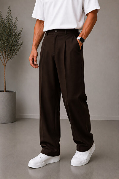 Montivo Men's Brown Baggy Fabric Trousers Loose Fit Straight Leg