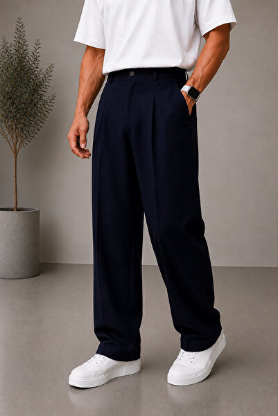Montivo Men's Navy Blue Baggy Fabric Trousers Loose Fit Straight Leg