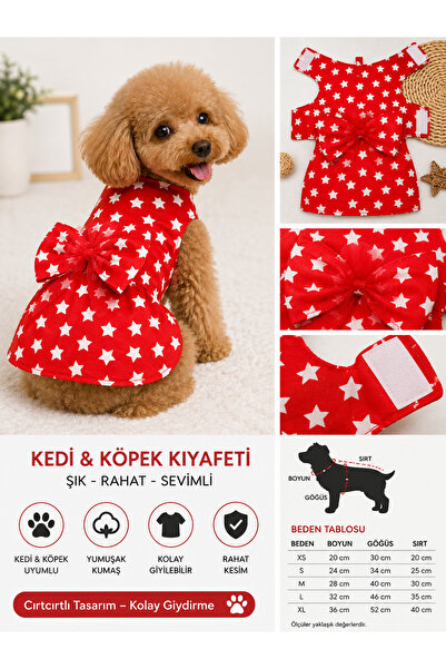 Daisy Kedi Köpek Elbisesi Kırmızı Yıldız Desenli Fiyonklu Cırt Cırtlı Evcil H...