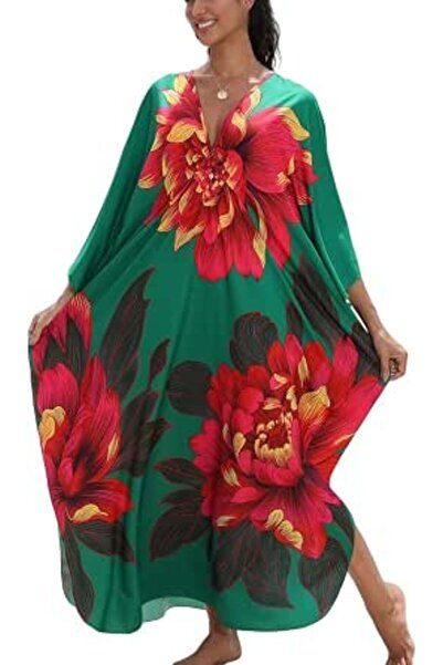 YouKD Women's Pirnt Floral Long Kaftan Maxi Dress Pluse Size Bikini Beach Cov...