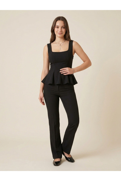 RESİVA BUTİK Kadın Siyah Kare Yaka Peplum Bluz Ve Kumaş Pantolon Şık İkili Takım