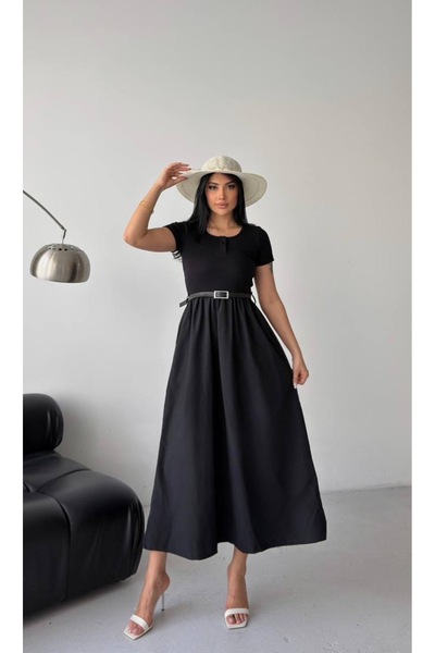 talyambutik Kadın Siyah Kemerli Uzun Elbise – Kısa Kollu, Yuvarlak Yaka, Maxi...