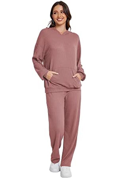 GENERAL SotRong Waffle Knit Kangaroo Pocket Drop Shoulder Hooded Loungewear S...