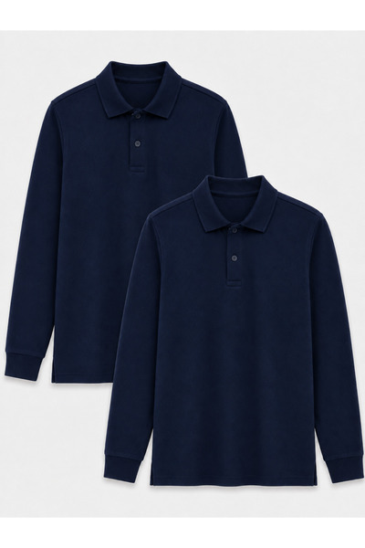 ROZELT 2-Pack Cotton Long Sleeve Polo School T-Shirts - Dark Navy Blue