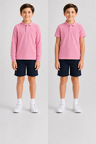 ROZELT 100% Cotton Pink Long Sleeve & Short Sleeve 2-Piece Polo Collar T-Shirt