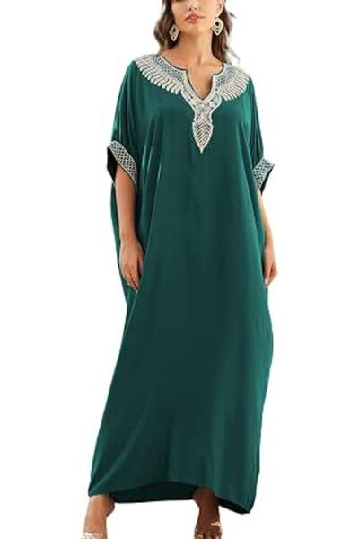 YouKD Embroidered Floral Kaftan Bohemian Beach Dress Bikini Coverups Long Bat...